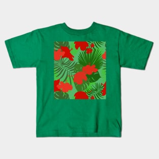 Hand drawn hibiscus, tropical leaves red and green pattern Kids T-Shirt